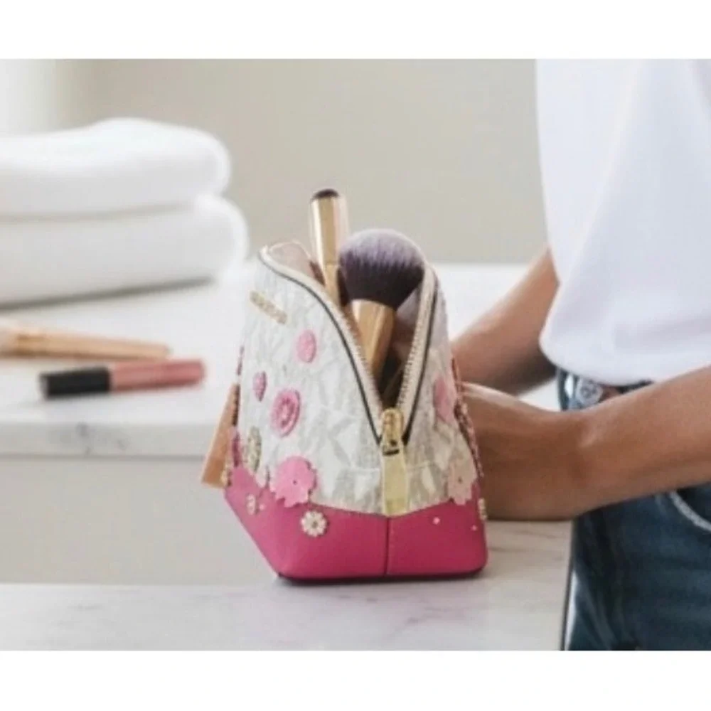 Michael Kors Emmy Travel Pouch Vanilla Pink Floral Monogram